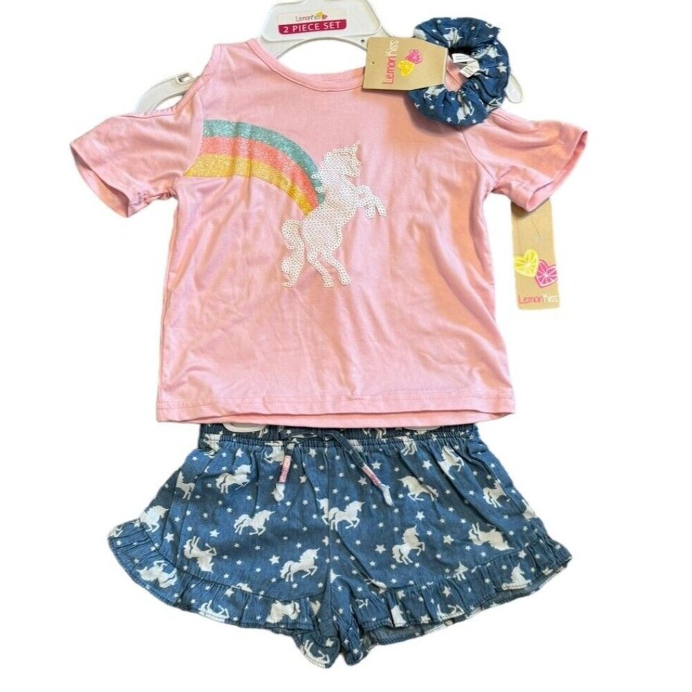 Lemon Kiss Girls Unicorn Tee/Shorts Matching Hair Tie Cold Shoulder Size 5